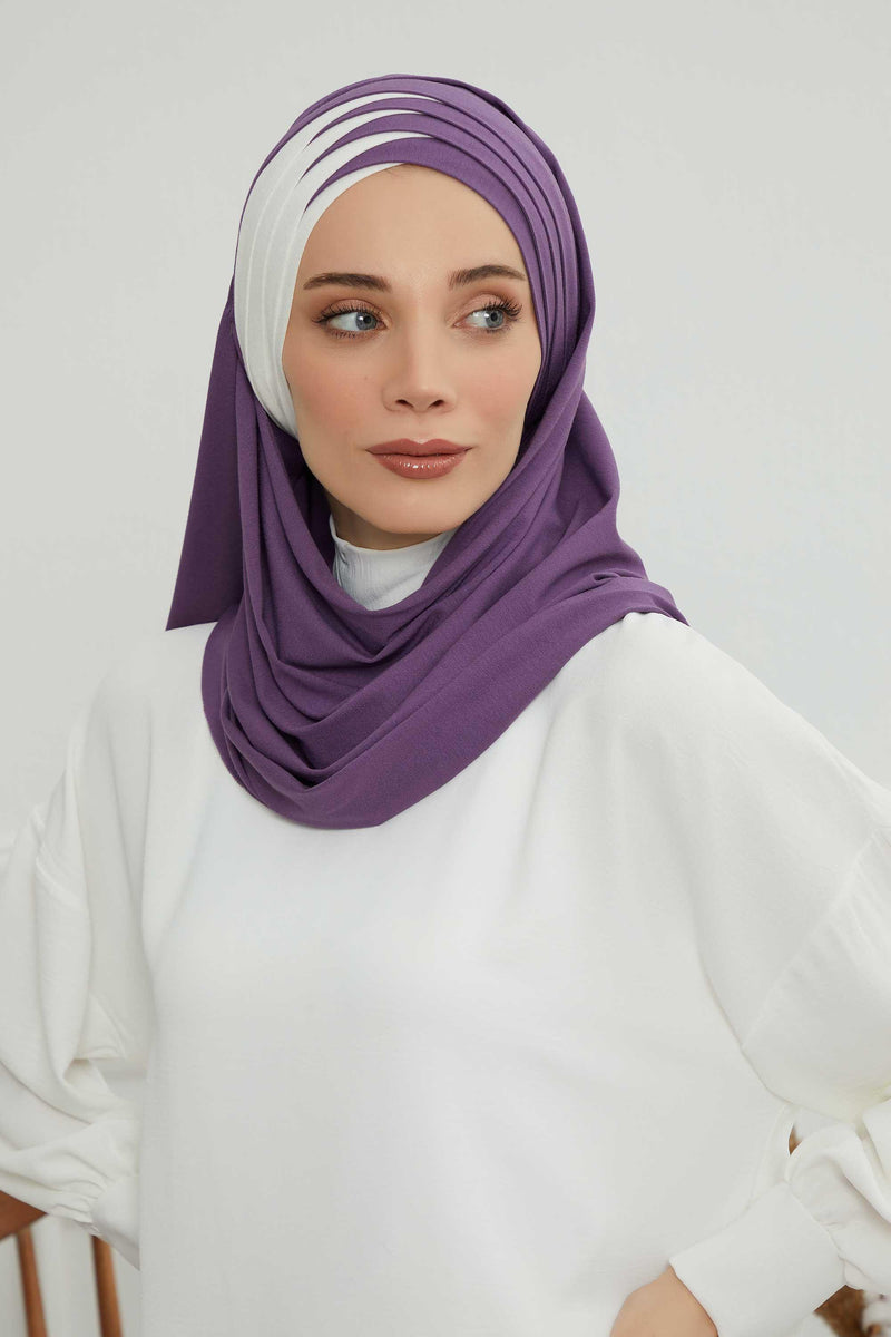 Two Colors Elegant Jersey Shawl for Women %95 Cotton Wrap Modesty Turban Cap Scarf,CPS-49 Purple 2 - Ivory