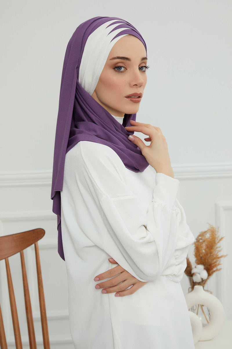 Two Colors Elegant Jersey Shawl for Women %95 Cotton Wrap Modesty Turban Cap Scarf,CPS-49 Purple 2 - Ivory