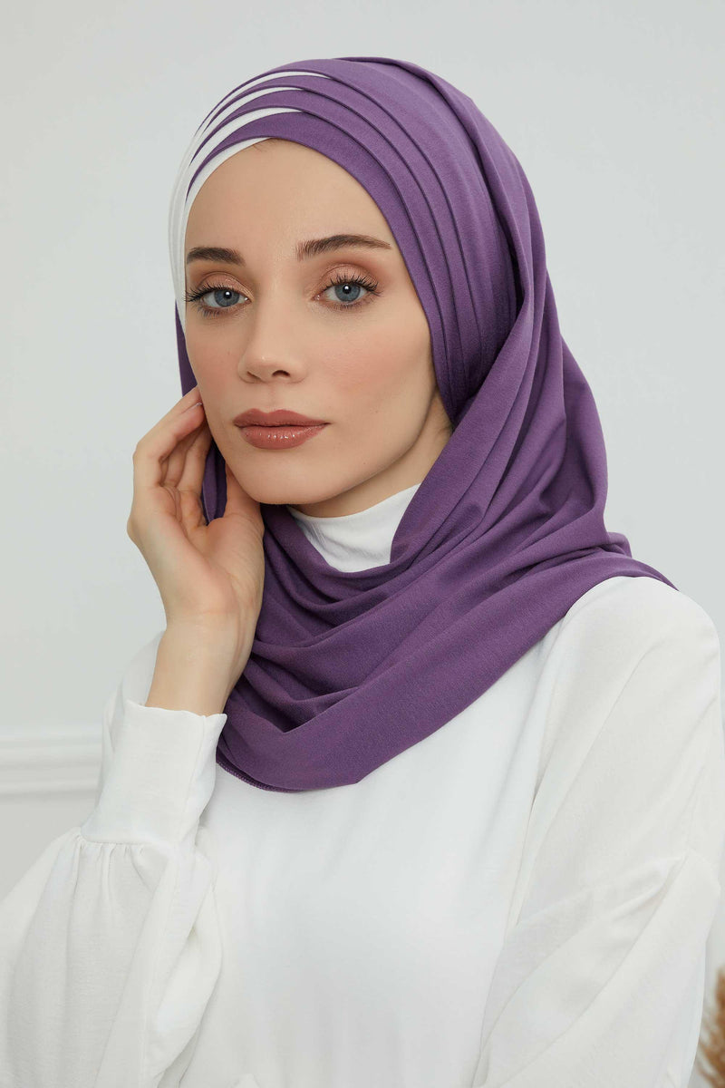 Two Colors Elegant Jersey Shawl for Women %95 Cotton Wrap Modesty Turban Cap Scarf,CPS-49 Purple 2 - Ivory