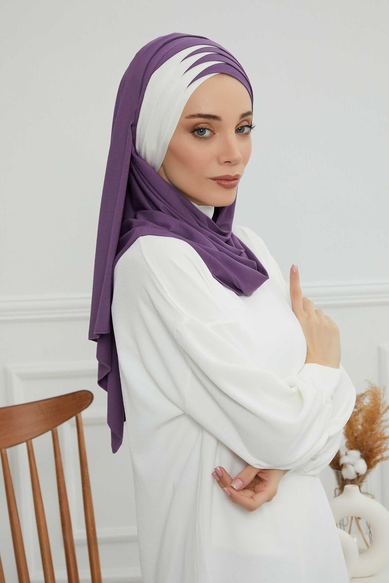 Two Colors Elegant Jersey Shawl for Women %95 Cotton Wrap Modesty Turban Cap Scarf,CPS-49 Purple 2 - Ivory