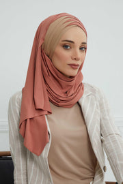 Two Colors Elegant Jersey Shawl for Women %95 Cotton Wrap Modesty Turban Cap Scarf,CPS-49 Salmon-Milk Brown