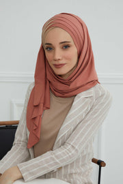 Two Colors Elegant Jersey Shawl for Women %95 Cotton Wrap Modesty Turban Cap Scarf,CPS-49 Salmon-Milk Brown