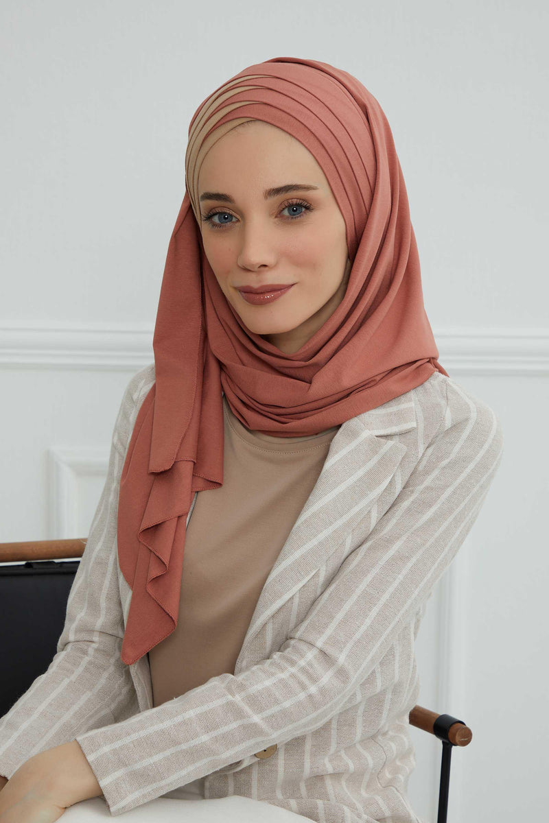 Two Colors Elegant Jersey Shawl for Women %95 Cotton Wrap Modesty Turban Cap Scarf,CPS-49 Salmon-Milk Brown