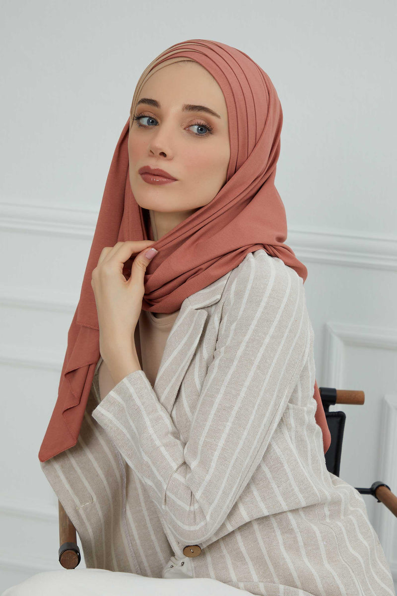 Two Colors Elegant Jersey Shawl for Women %95 Cotton Wrap Modesty Turban Cap Scarf,CPS-49 Salmon-Milk Brown