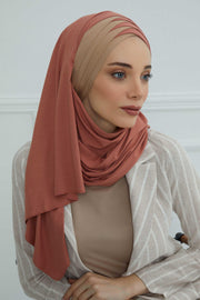 Two Colors Elegant Jersey Shawl for Women %95 Cotton Wrap Modesty Turban Cap Scarf,CPS-49 Salmon-Milk Brown