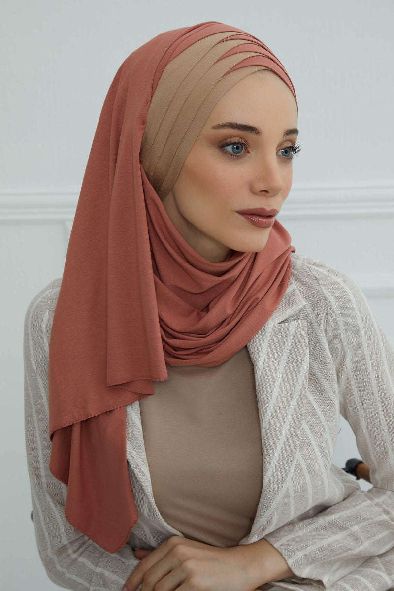 Two Colors Elegant Jersey Shawl for Women %95 Cotton Wrap Modesty Turban Cap Scarf,CPS-49 Salmon-Milk Brown