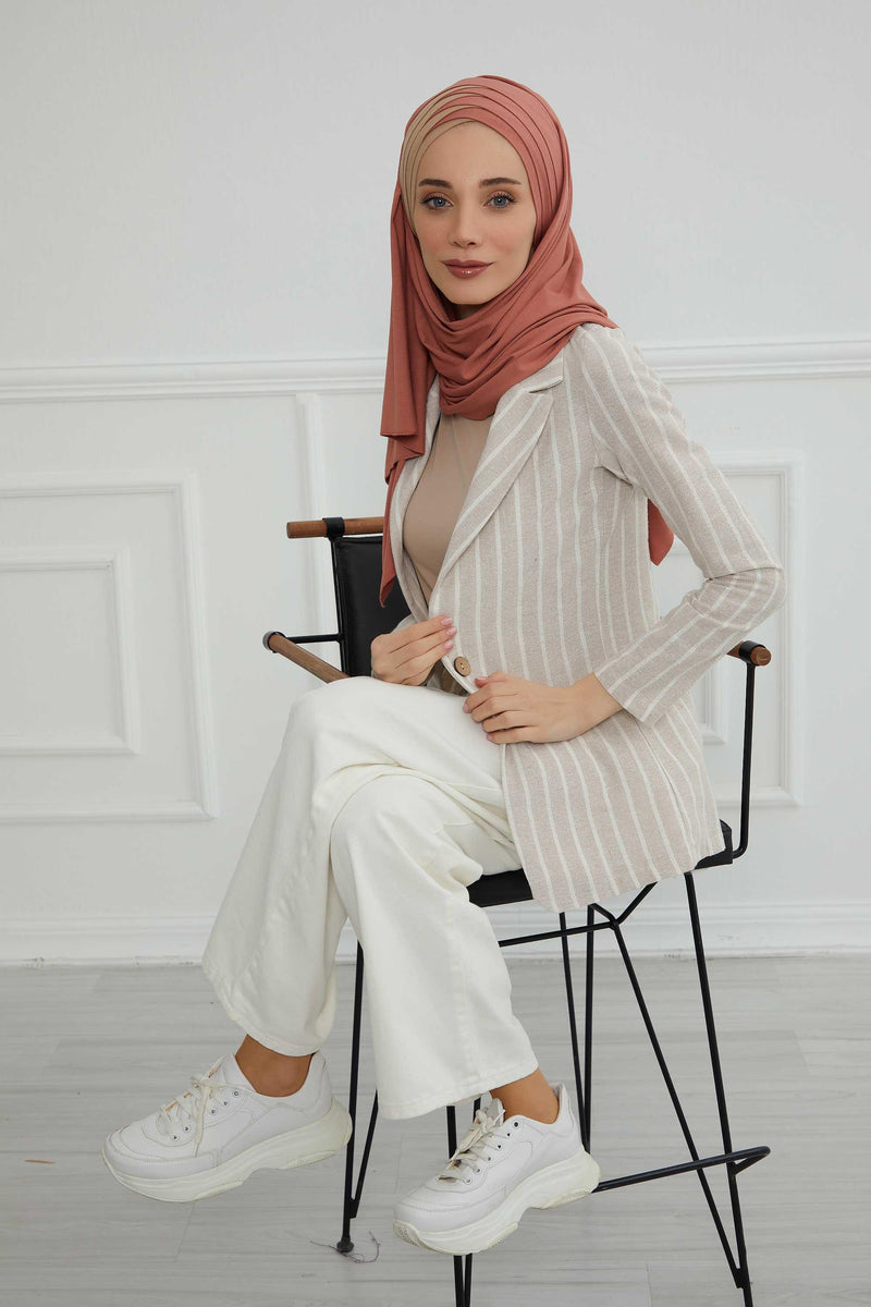 Two Colors Elegant Jersey Shawl for Women %95 Cotton Wrap Modesty Turban Cap Scarf,CPS-49 Salmon-Milk Brown