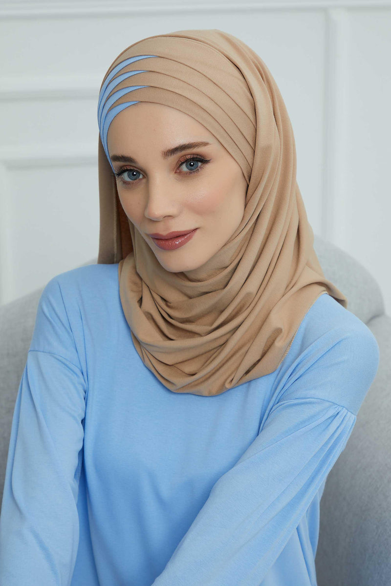 Two Colors Elegant Jersey Shawl for Women %95 Cotton Wrap Modesty Turban Cap Scarf,CPS-49 Sand Brown- Blue