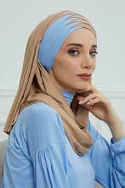 Two Colors Elegant Jersey Shawl for Women %95 Cotton Wrap Modesty Turban Cap Scarf,CPS-49 Sand Brown- Blue