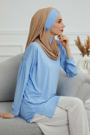 Two Colors Elegant Jersey Shawl for Women %95 Cotton Wrap Modesty Turban Cap Scarf,CPS-49 Sand Brown- Blue