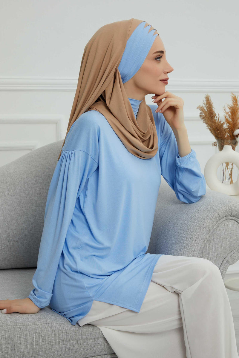 Two Colors Elegant Jersey Shawl for Women %95 Cotton Wrap Modesty Turban Cap Scarf,CPS-49 Sand Brown- Blue