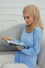 Two Colors Elegant Jersey Shawl for Women %95 Cotton Wrap Modesty Turban Cap Scarf,CPS-49 Sand Brown- Blue