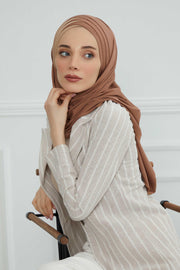 Two Colors Elegant Jersey Shawl for Women %95 Cotton Wrap Modesty Turban Cap Scarf,CPS-49 Caramel Brown-Sand Brown