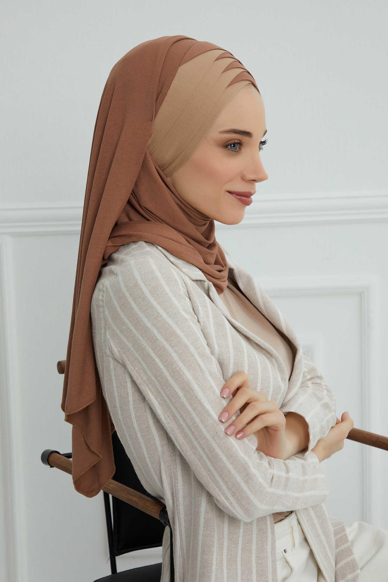 Two Colors Elegant Jersey Shawl for Women %95 Cotton Wrap Modesty Turban Cap Scarf,CPS-49 Caramel Brown-Sand Brown