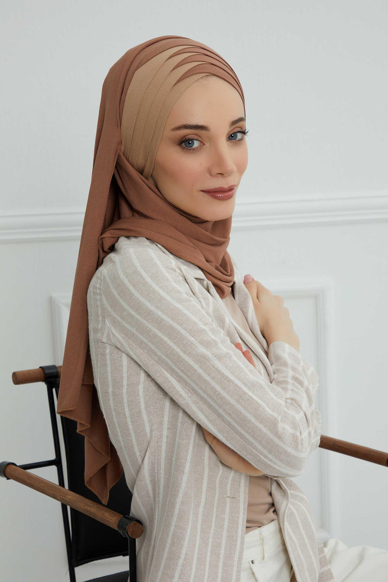 Two Colors Elegant Jersey Shawl for Women %95 Cotton Wrap Modesty Turban Cap Scarf,CPS-49 Caramel Brown-Sand Brown