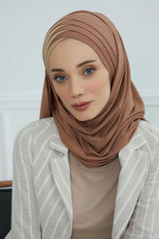 Two Colors Elegant Jersey Shawl for Women %95 Cotton Wrap Modesty Turban Cap Scarf,CPS-49 Caramel Brown-Sand Brown