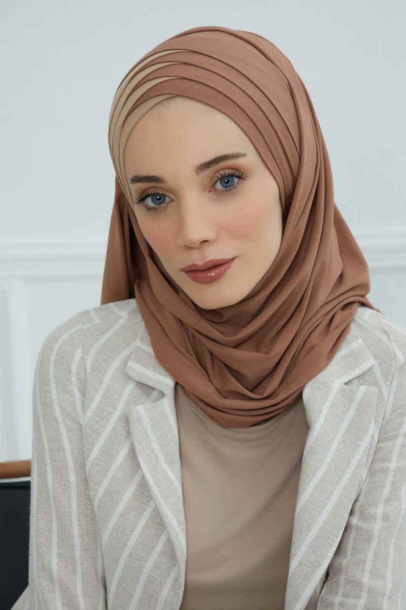 Two Colors Elegant Jersey Shawl for Women %95 Cotton Wrap Modesty Turban Cap Scarf,CPS-49 Caramel Brown-Sand Brown