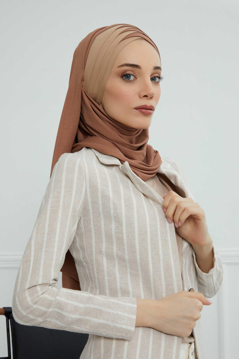 Two Colors Elegant Jersey Shawl for Women %95 Cotton Wrap Modesty Turban Cap Scarf,CPS-49 Caramel Brown-Sand Brown