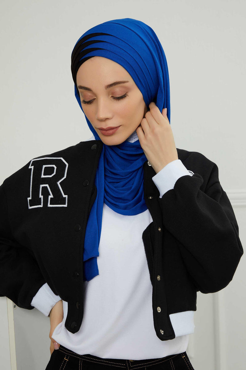 Two Colors Elegant Jersey Shawl for Women %95 Cotton Wrap Modesty Turban Cap Scarf,CPS-49 Sax Blue - Black