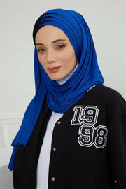 Two Colors Elegant Jersey Shawl for Women %95 Cotton Wrap Modesty Turban Cap Scarf,CPS-49 Sax Blue - Black