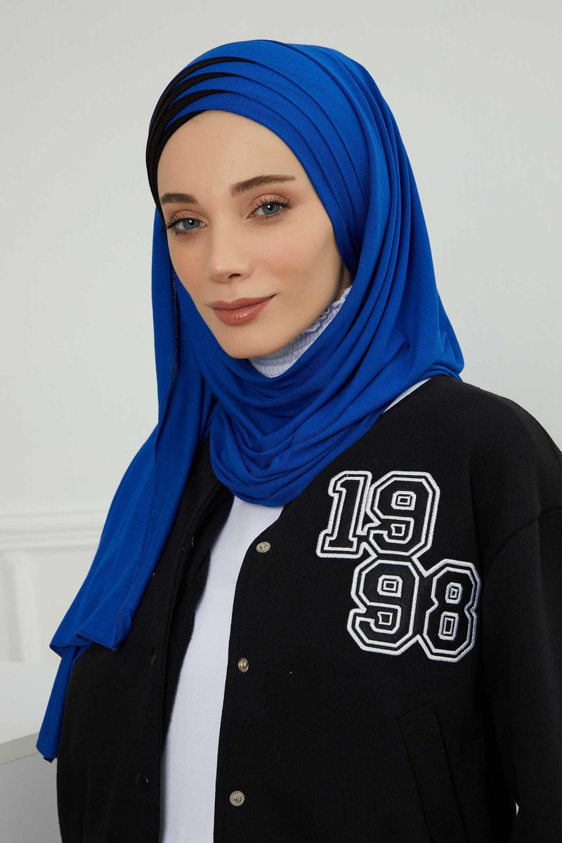 Two Colors Elegant Jersey Shawl for Women %95 Cotton Wrap Modesty Turban Cap Scarf,CPS-49 Sax Blue - Black