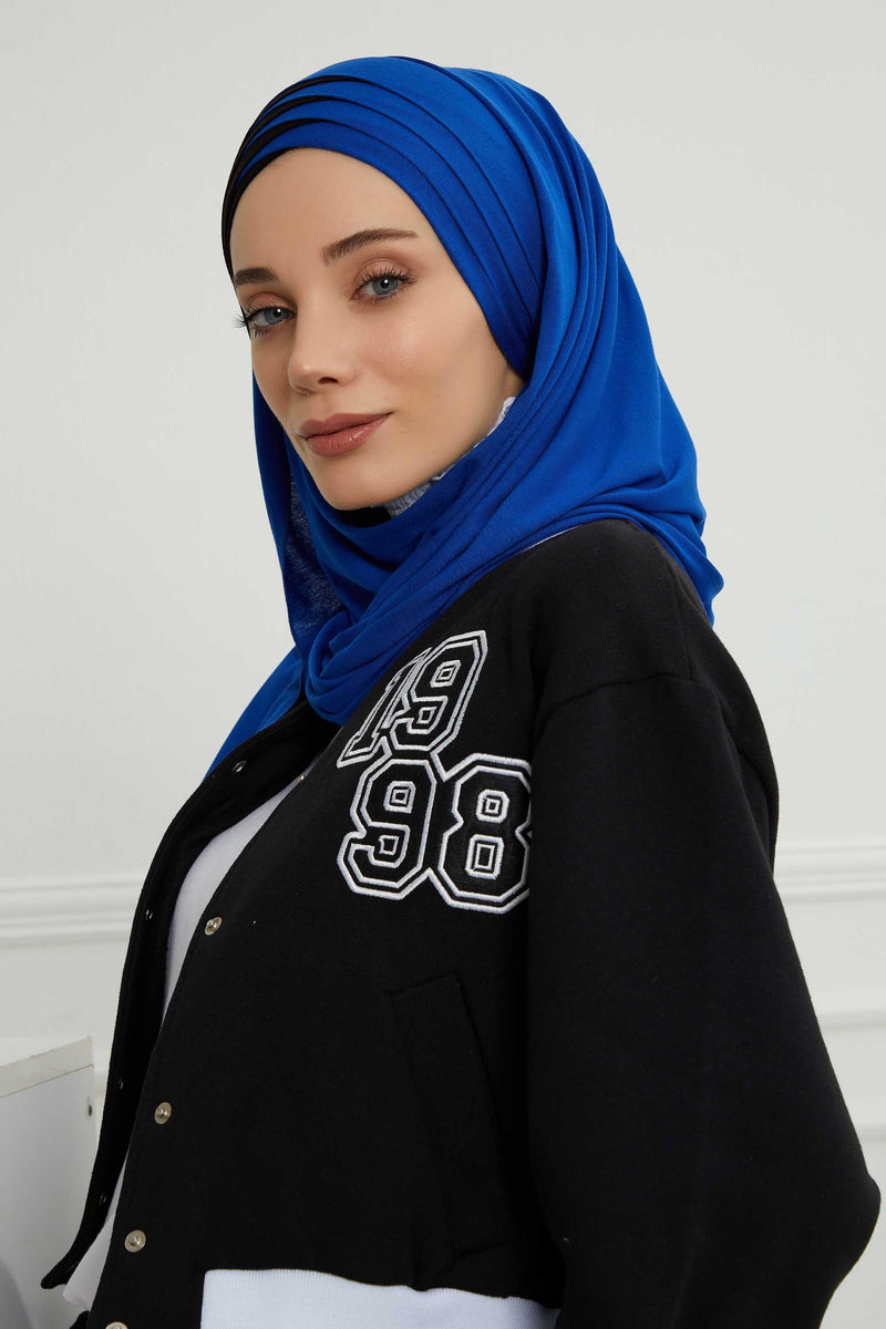 Two Colors Elegant Jersey Shawl for Women %95 Cotton Wrap Modesty Turban Cap Scarf,CPS-49 Sax Blue - Black