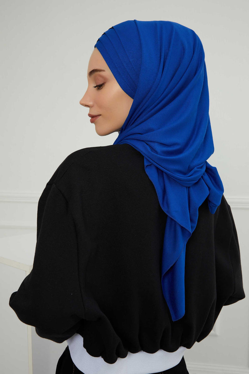 Two Colors Elegant Jersey Shawl for Women %95 Cotton Wrap Modesty Turban Cap Scarf,CPS-49 Sax Blue - Black