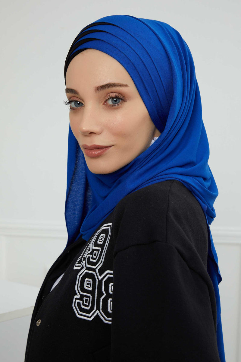 Two Colors Elegant Jersey Shawl for Women %95 Cotton Wrap Modesty Turban Cap Scarf,CPS-49 Sax Blue - Black