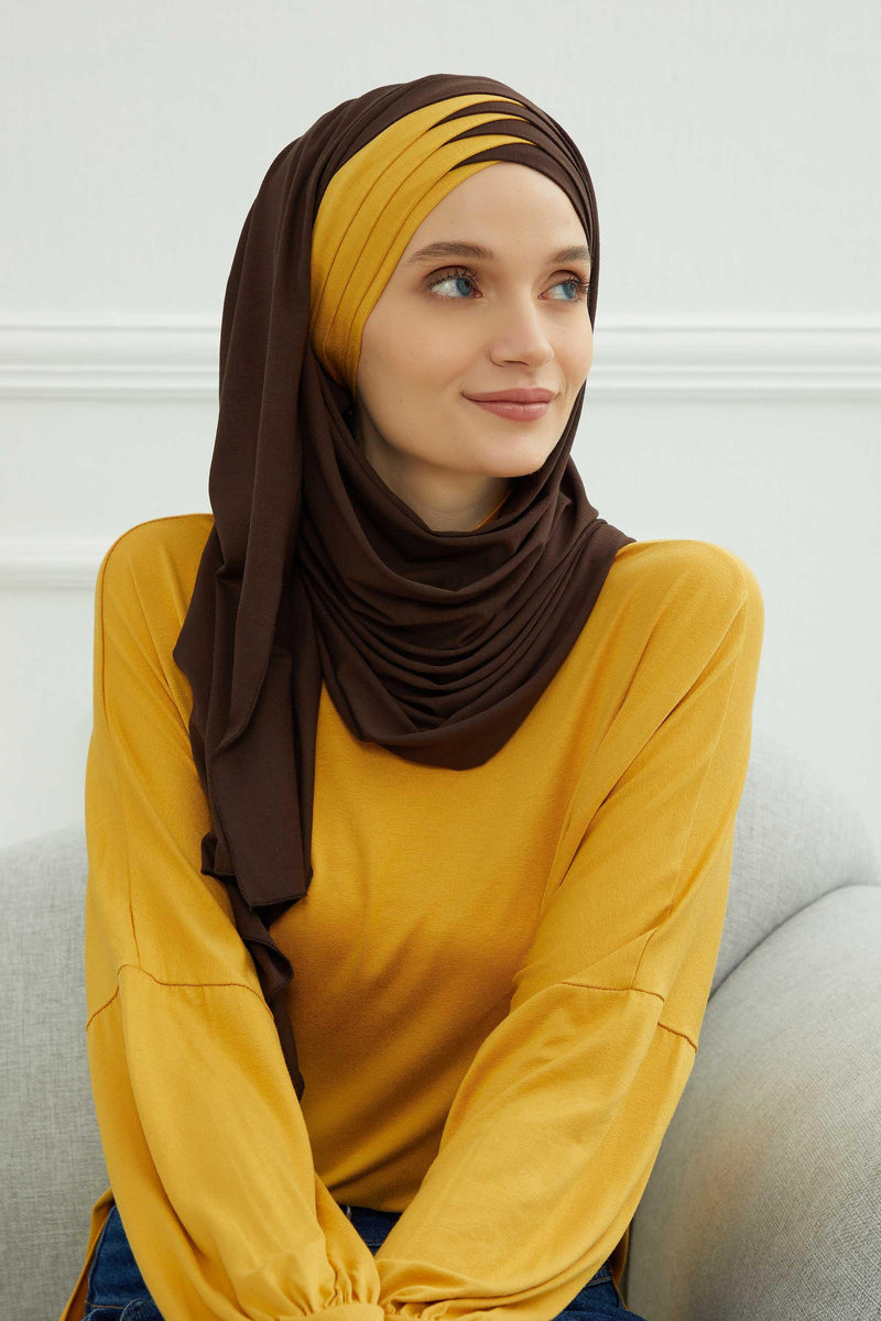 Two Colors Elegant Jersey Shawl for Women %95 Cotton Wrap Modesty Turban Cap Scarf,CPS-49 Sax Blue - Black