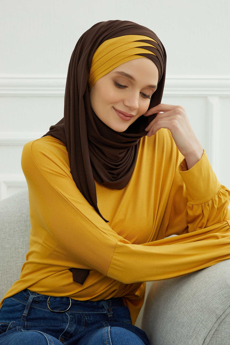 Two Colors Elegant Jersey Shawl for Women %95 Cotton Wrap Modesty Turban Cap Scarf,CPS-49 Sax Blue - Black