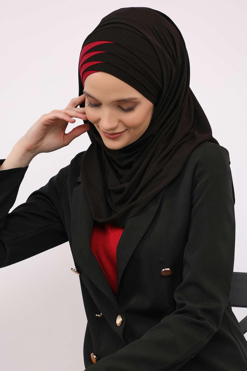 Two Colors Elegant Jersey Shawl for Women %95 Cotton Wrap Modesty Turban Cap Scarf,CPS-49 Black - Maroon