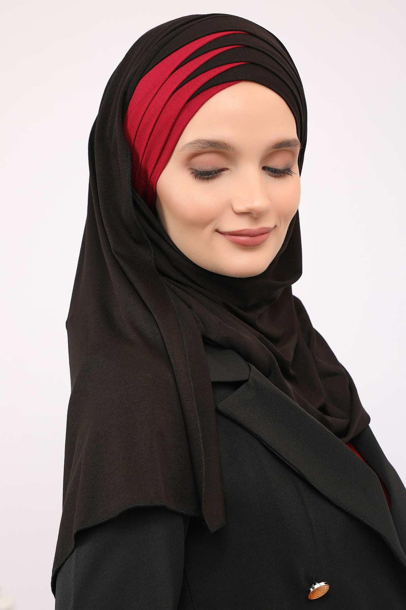 Two Colors Elegant Jersey Shawl for Women %95 Cotton Wrap Modesty Turban Cap Scarf,CPS-49 Black - Maroon