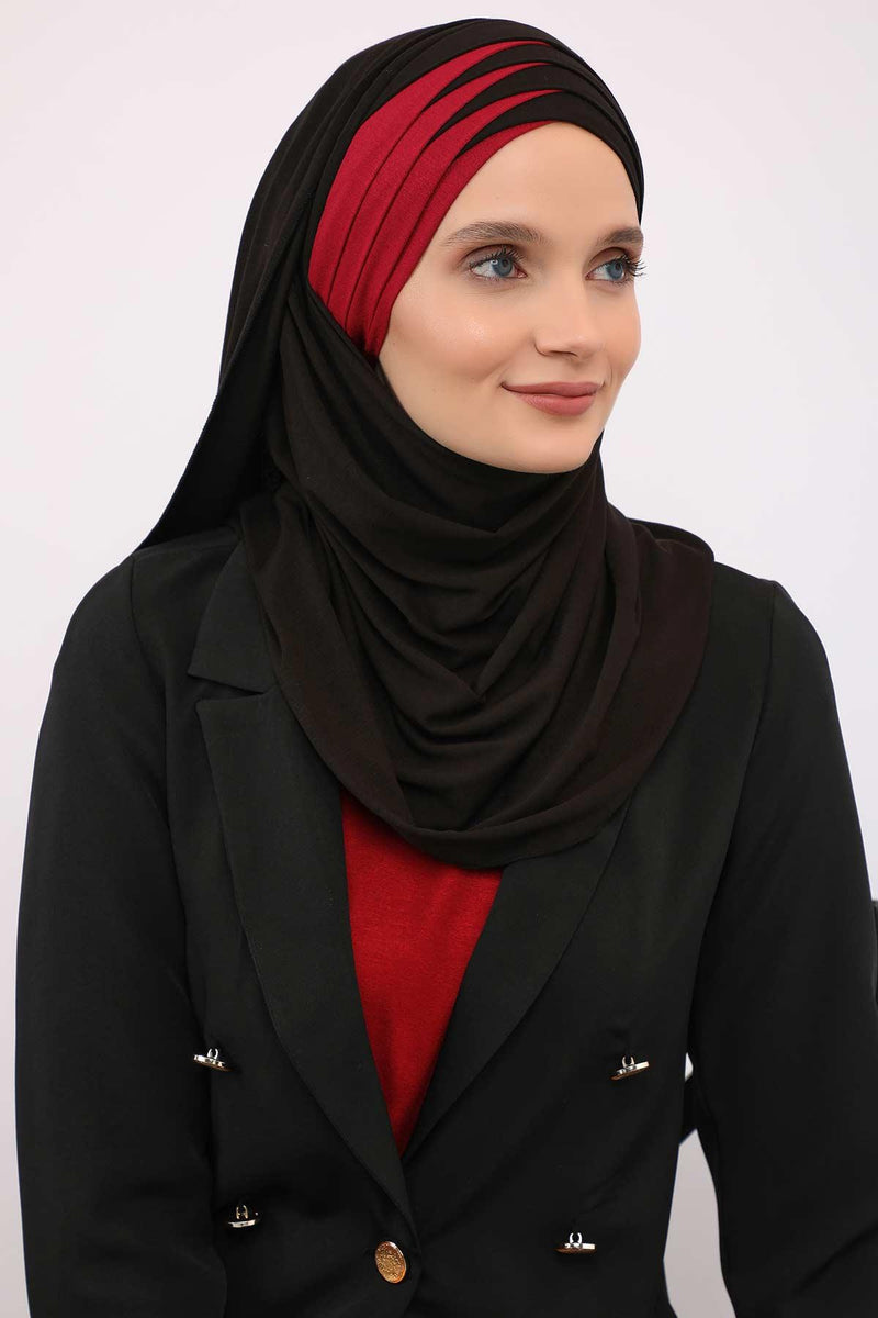 Two Colors Elegant Jersey Shawl for Women %95 Cotton Wrap Modesty Turban Cap Scarf,CPS-49 Black - Maroon