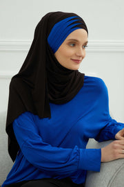 Two Colors Elegant Jersey Shawl for Women %95 Cotton Wrap Modesty Turban Cap Scarf,CPS-49 Black - Sax Blue