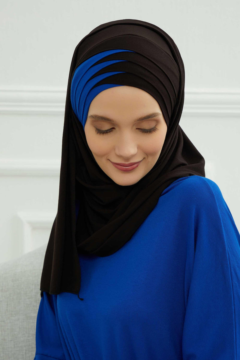 Two Colors Elegant Jersey Shawl for Women %95 Cotton Wrap Modesty Turban Cap Scarf,CPS-49 Black - Sax Blue