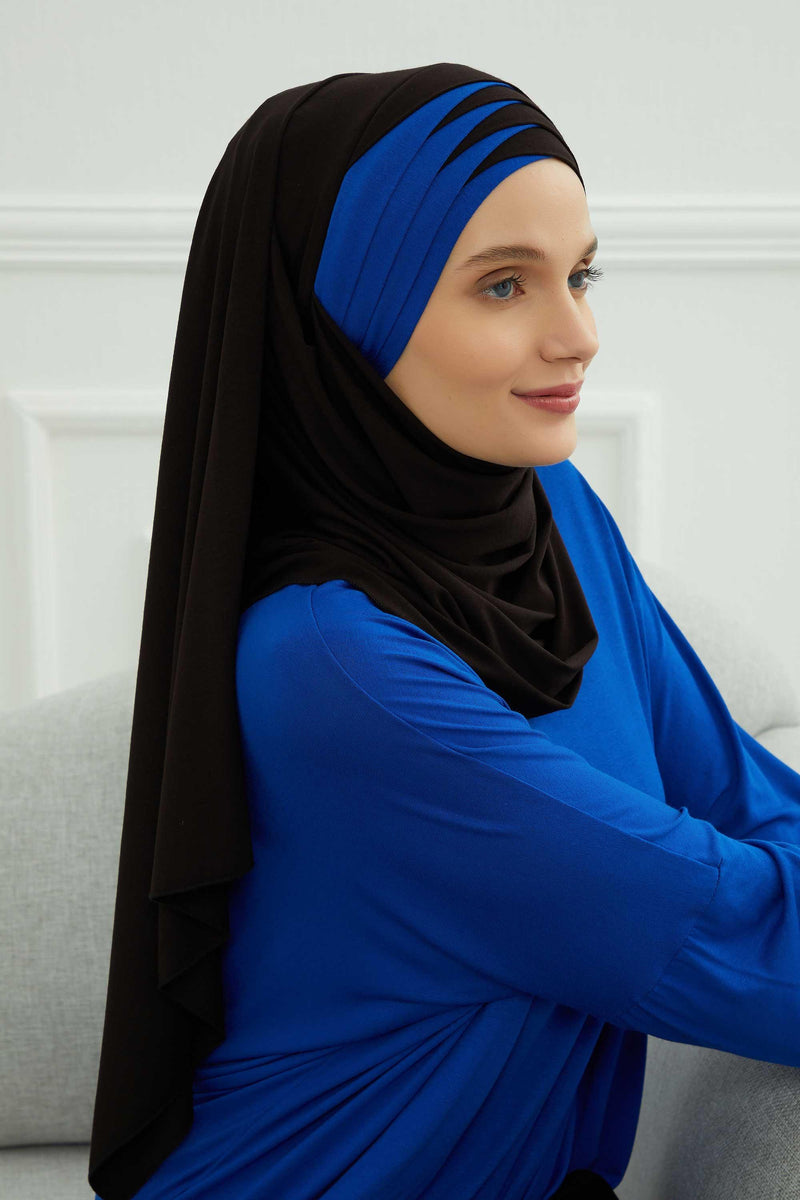 Two Colors Elegant Jersey Shawl for Women %95 Cotton Wrap Modesty Turban Cap Scarf,CPS-49 Black - Sax Blue