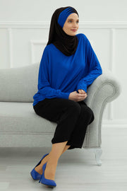 Two Colors Elegant Jersey Shawl for Women %95 Cotton Wrap Modesty Turban Cap Scarf,CPS-49 Black - Sax Blue