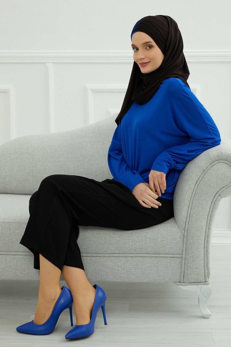 Two Colors Elegant Jersey Shawl for Women %95 Cotton Wrap Modesty Turban Cap Scarf,CPS-49 Black - Sax Blue