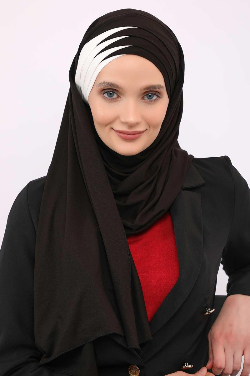 Two Colors Elegant Jersey Shawl for Women %95 Cotton Wrap Modesty Turban Cap Scarf,CPS-49 Black - Ivory