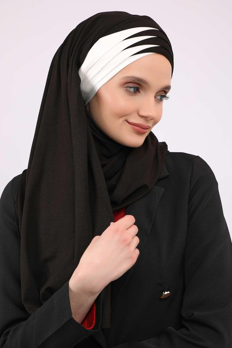 Two Colors Elegant Jersey Shawl for Women %95 Cotton Wrap Modesty Turban Cap Scarf,CPS-49 Black - Ivory