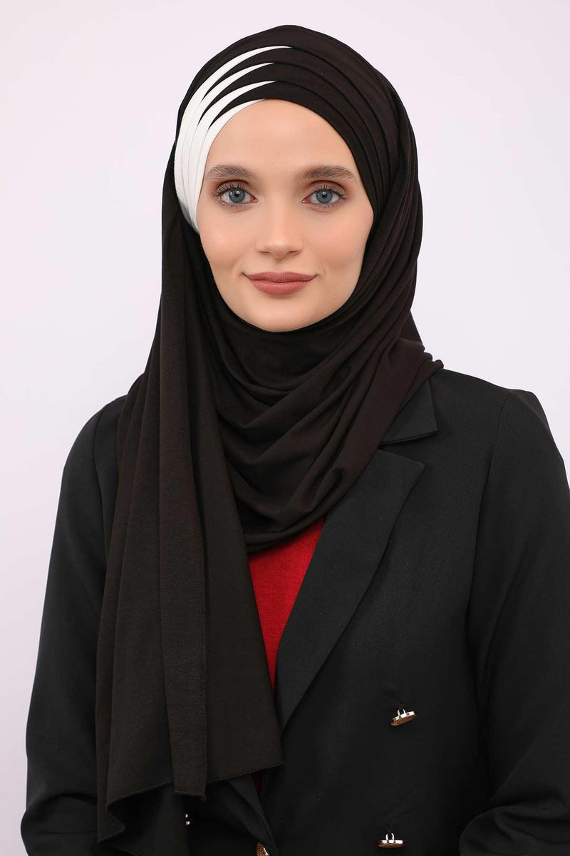 Two Colors Elegant Jersey Shawl for Women %95 Cotton Wrap Modesty Turban Cap Scarf,CPS-49 Black - Ivory