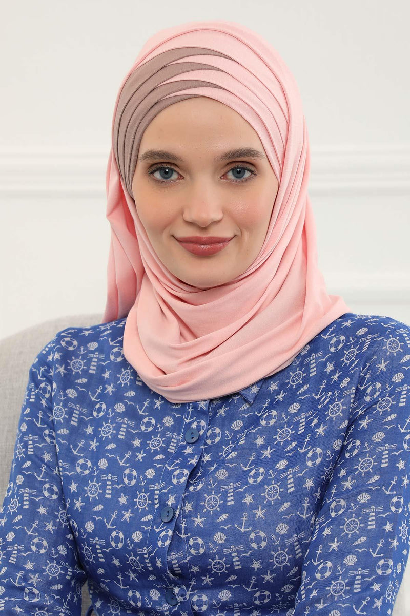 Two Colors Elegant Jersey Shawl for Women %95 Cotton Wrap Modesty Turban Cap Scarf,CPS-49 Powder - Mink
