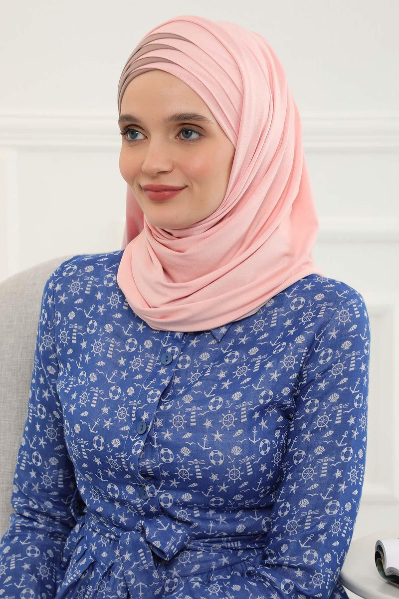 Two Colors Elegant Jersey Shawl for Women %95 Cotton Wrap Modesty Turban Cap Scarf,CPS-49 Powder - Mink