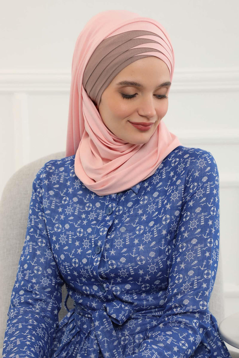 Two Colors Elegant Jersey Shawl for Women %95 Cotton Wrap Modesty Turban Cap Scarf,CPS-49 Powder - Mink