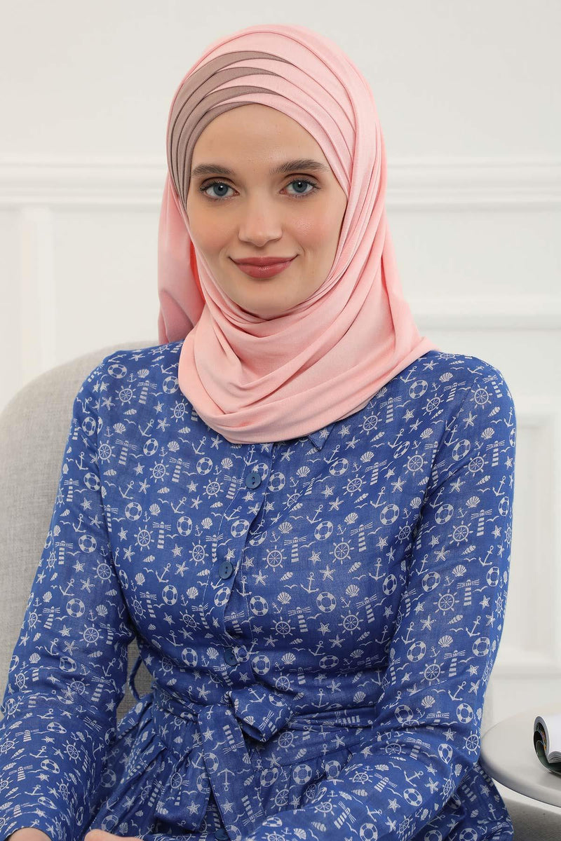 Two Colors Elegant Jersey Shawl for Women %95 Cotton Wrap Modesty Turban Cap Scarf,CPS-49 Powder - Mink