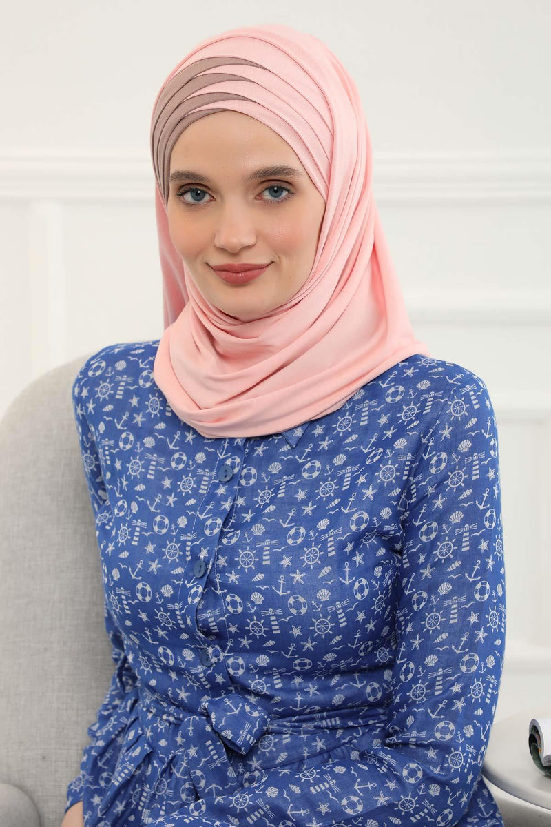 Two Colors Elegant Jersey Shawl for Women %95 Cotton Wrap Modesty Turban Cap Scarf,CPS-49 Powder - Mink