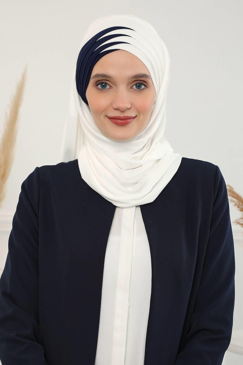 Two Colors Elegant Jersey Shawl for Women %95 Cotton Wrap Modesty Turban Cap Scarf,CPS-49 Ivory - Navy Blue