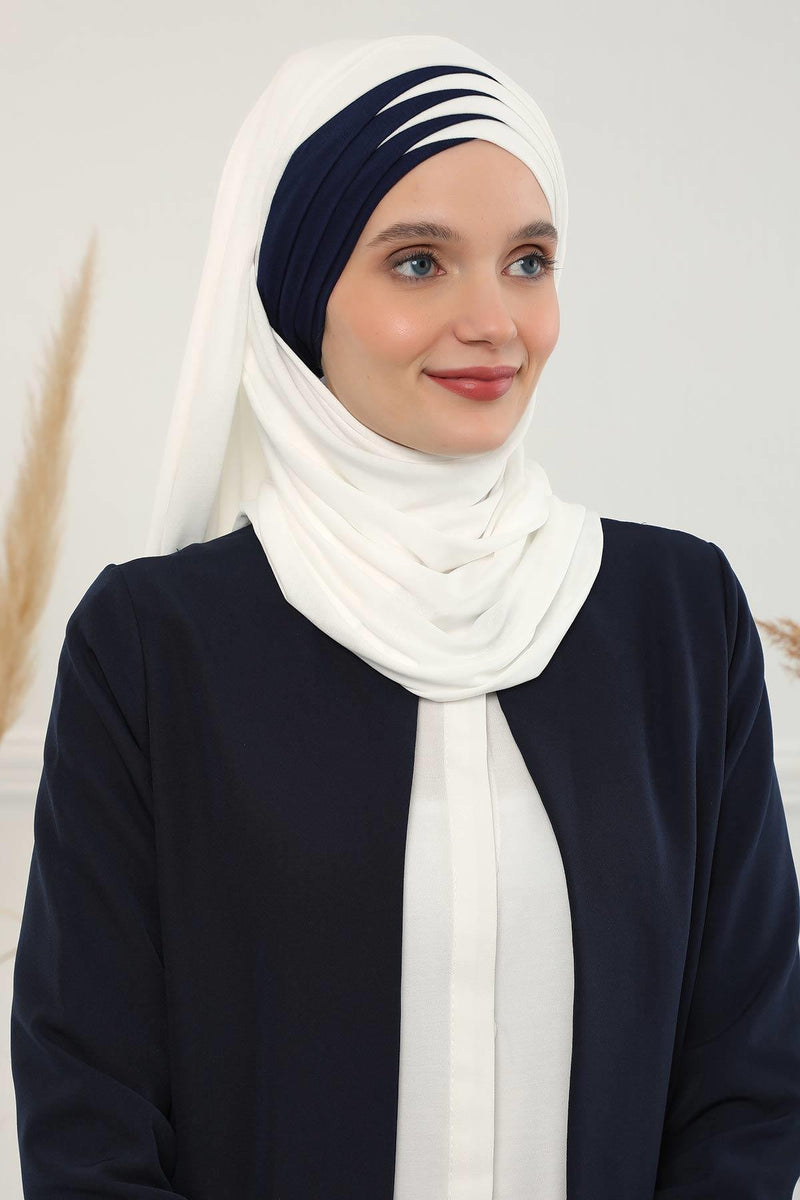 Two Colors Elegant Jersey Shawl for Women %95 Cotton Wrap Modesty Turban Cap Scarf,CPS-49 Ivory - Navy Blue