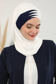 Two Colors Elegant Jersey Shawl for Women %95 Cotton Wrap Modesty Turban Cap Scarf,CPS-49 Ivory - Navy Blue