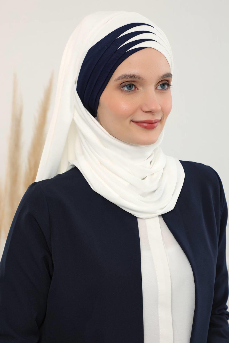 Two Colors Elegant Jersey Shawl for Women %95 Cotton Wrap Modesty Turban Cap Scarf,CPS-49 Ivory - Navy Blue